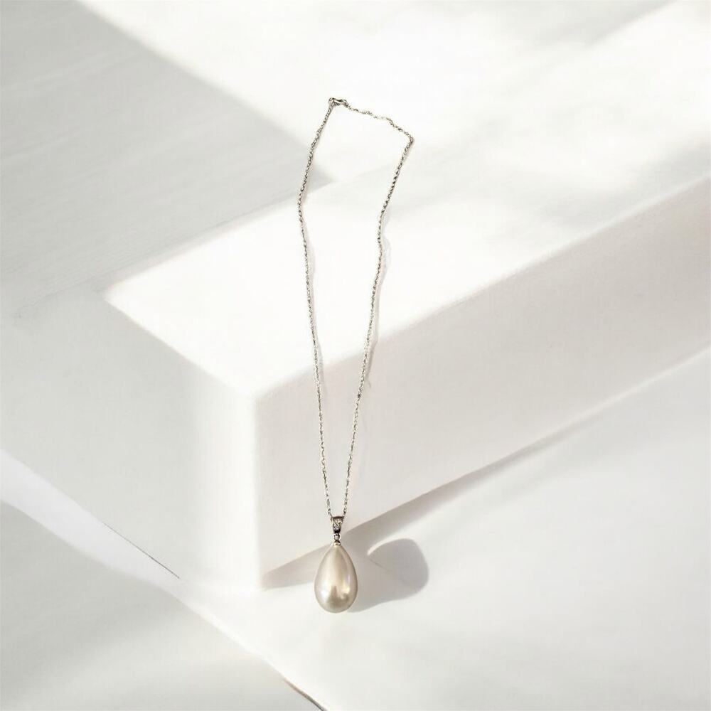 925 stamp silver color  Teardrop Pearl Pendant 1/2" Drop 18” necklace - Picture 2 of 4